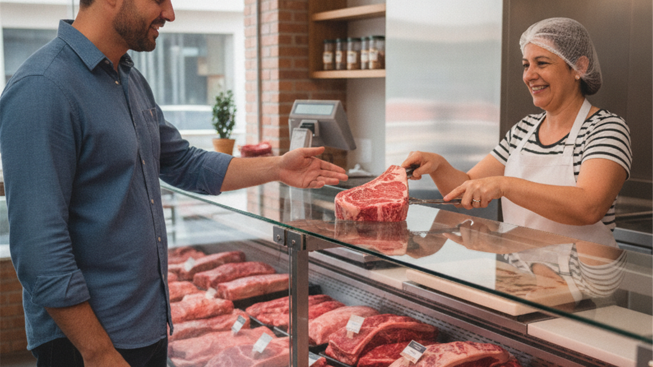 acougueira entregando corte nobre de carne para cliente no acougue