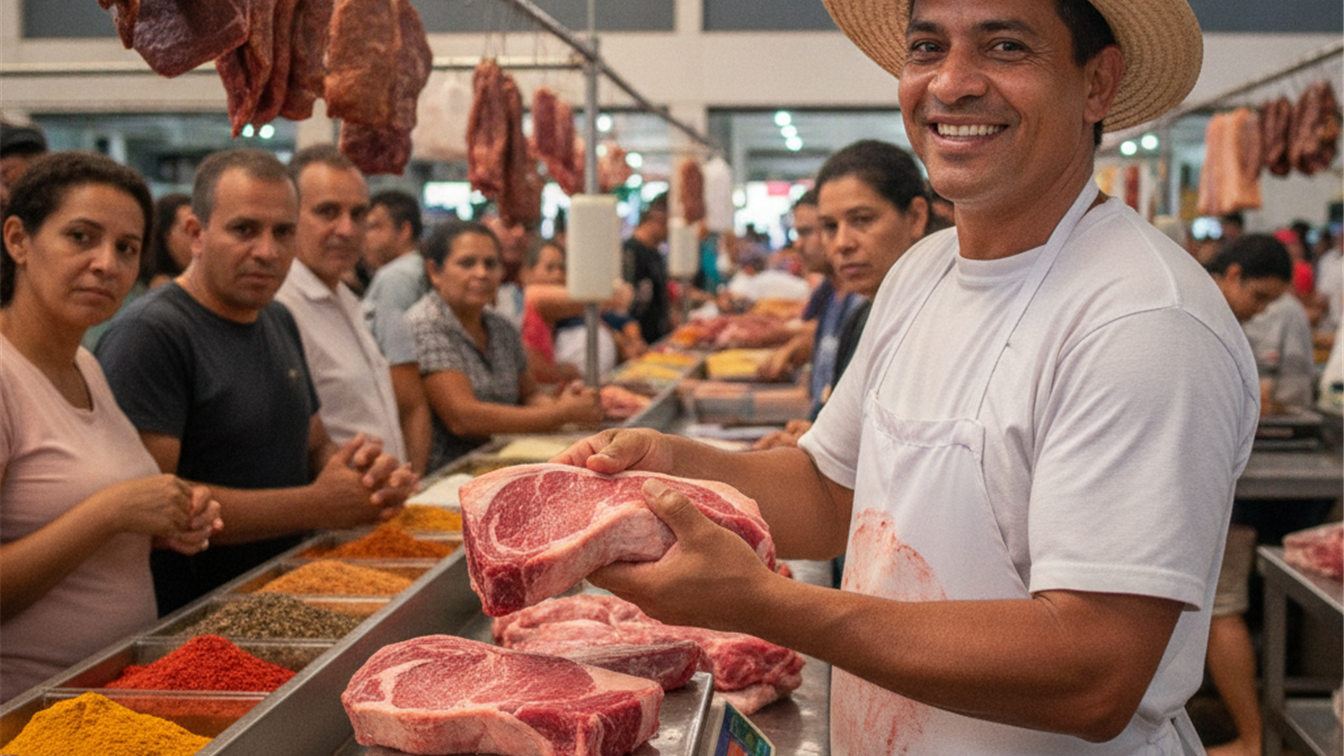 Acougueiro sorridente mostrando corte de carne bovina no mercado