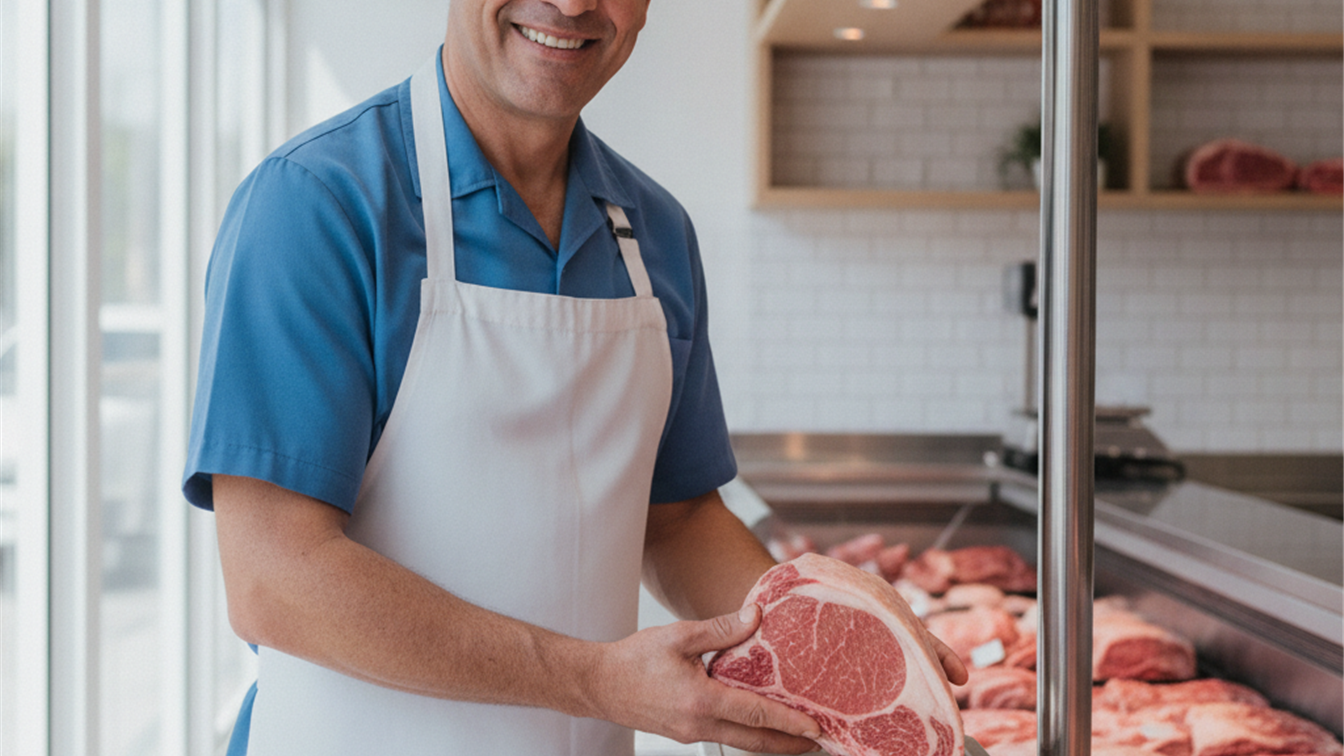 acougueiro brasileiro pesando corte de picanha em acougue