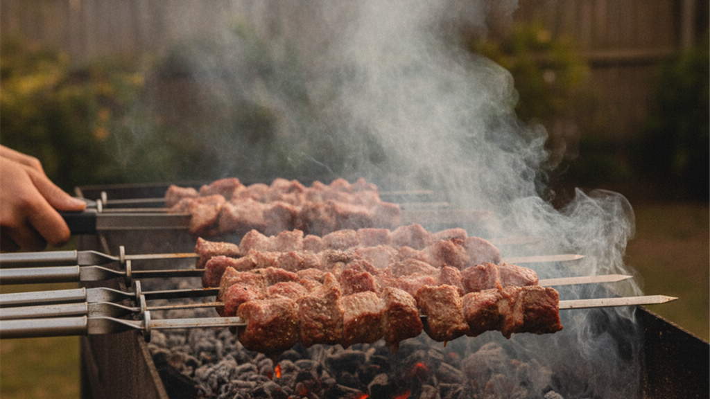 Espetinhos de carne grelhando na churrasqueira com brasas e fumaca