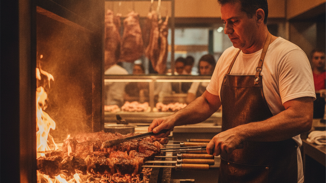 Churrasqueiro grelhando espetos de picanha na brasa