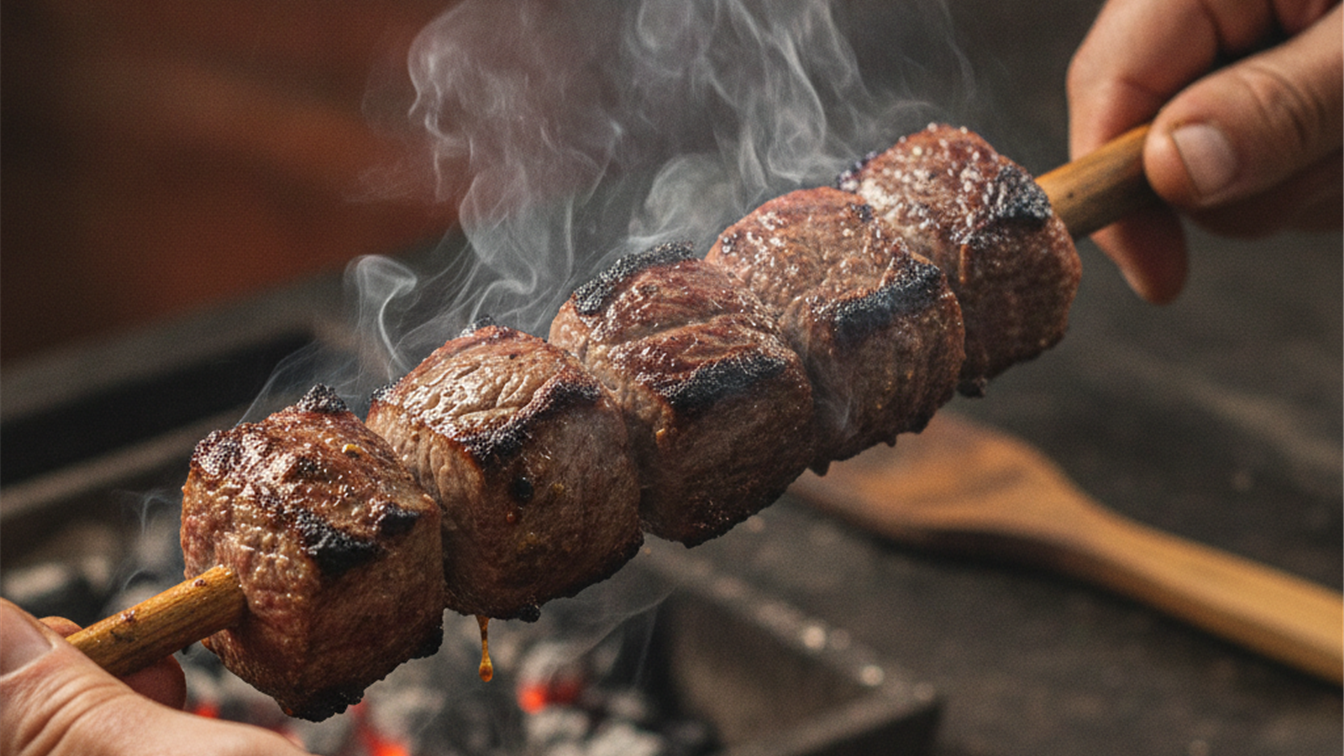 Maos segurando espeto de churrasco com picanha grelhada