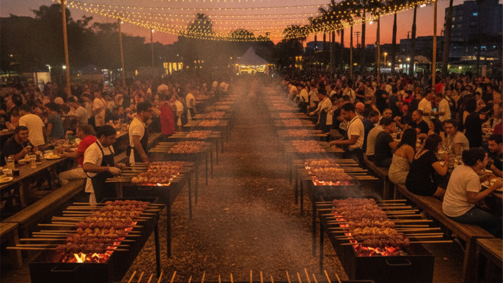 Festival de churrasco ao ar livre no Brasil com fumaca e grelhas