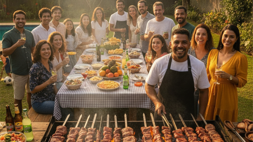 Churrasco de domingo em familia no quintal com churrasqueira a carvao
