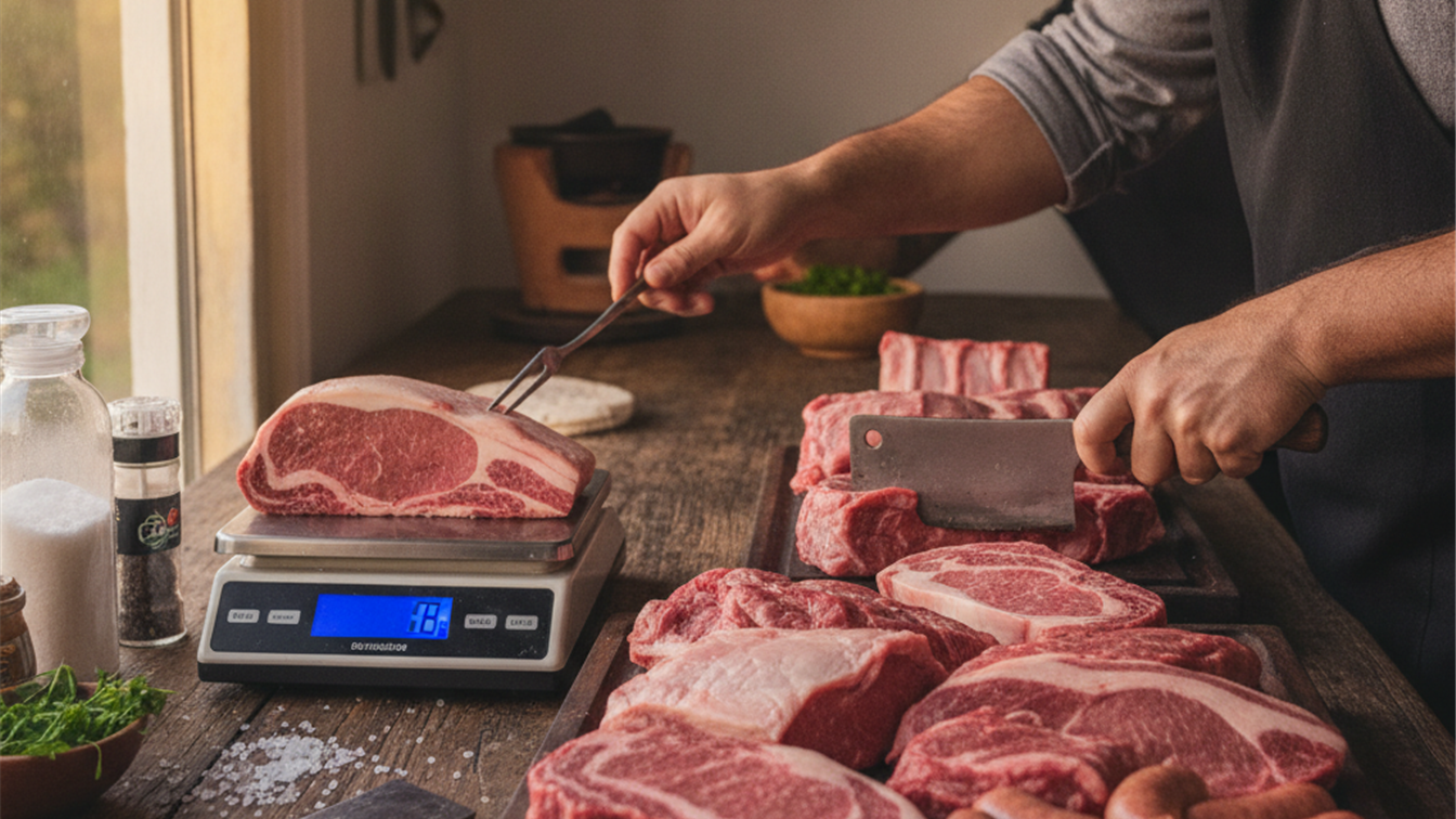Pesando e organizando cortes de carne para planejar o churrasco