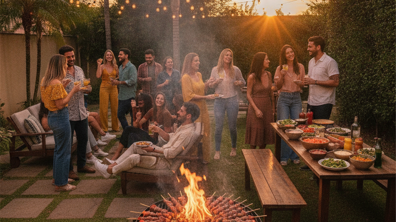 amigos reunidos em churrasco de quintal ao entardecer
