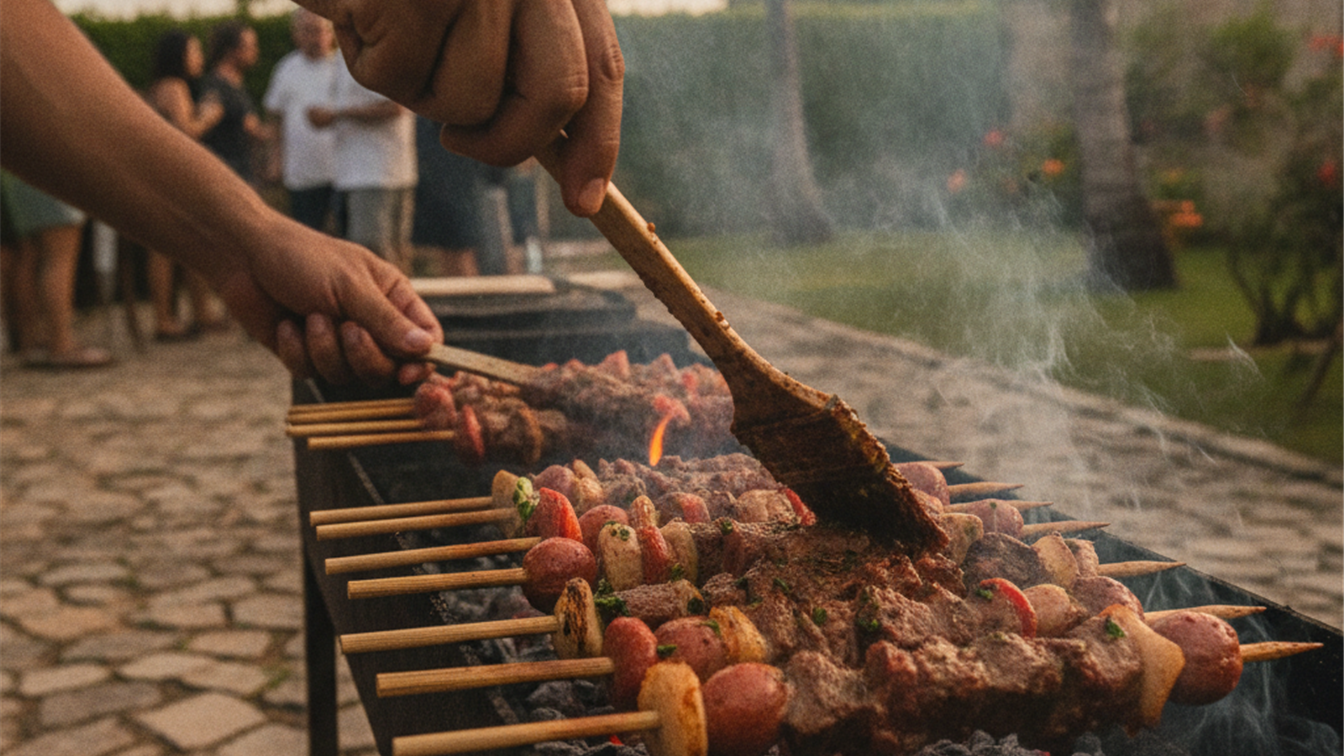 Pessoa temperando espetinhos na churrasqueira