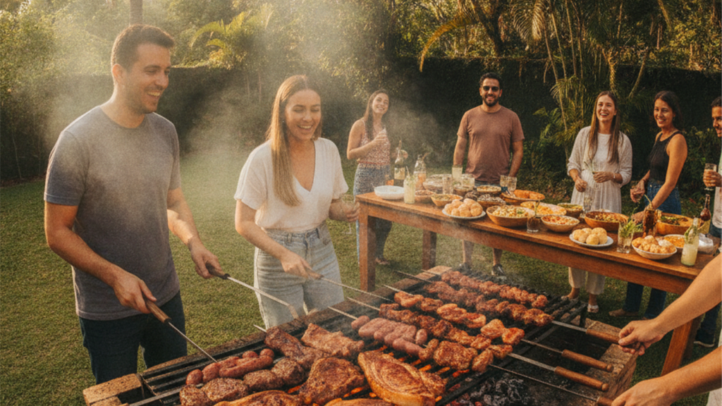 Churrasqueira com varios cortes de carne assando na brasa