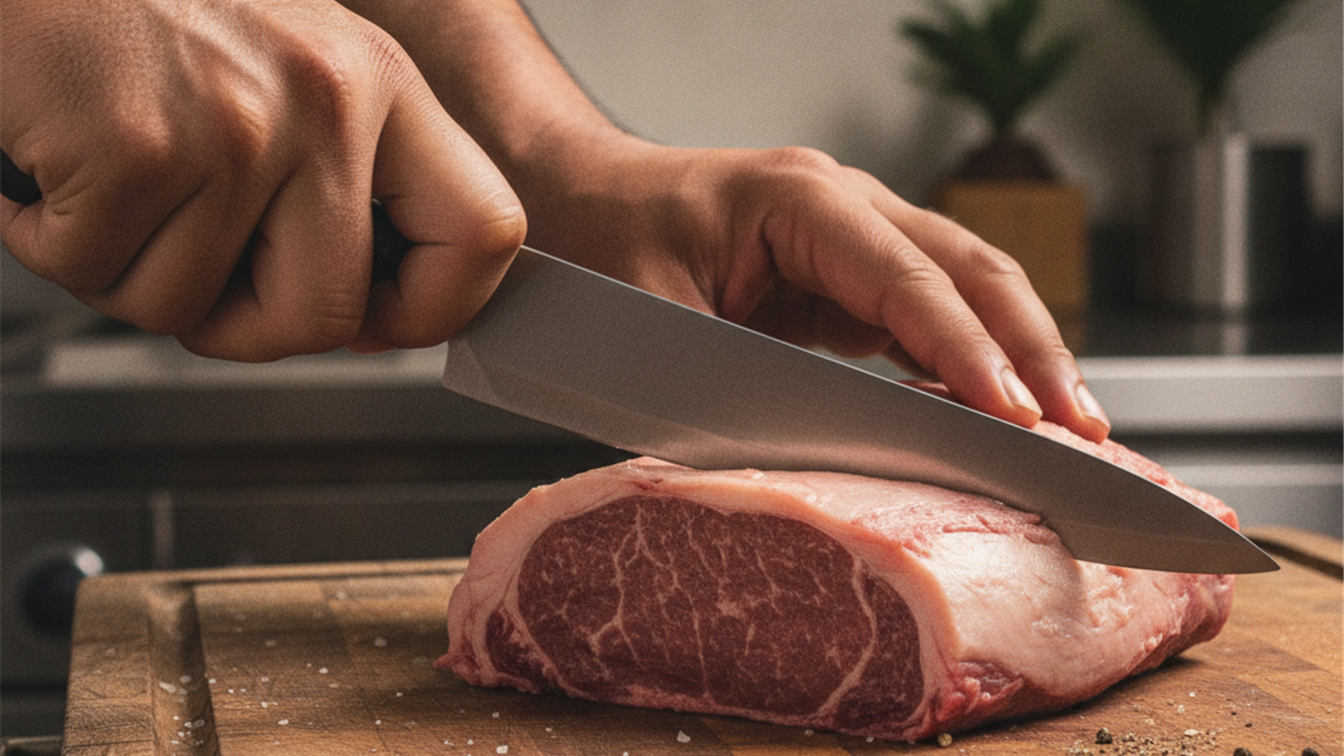 Maos cortando picanha em tabua de madeira