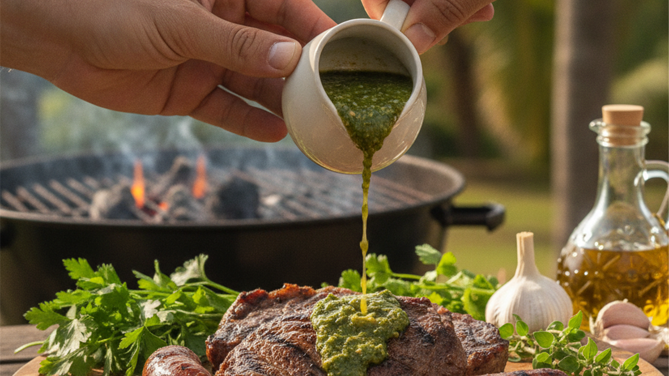 Maos aplicando molho chimichurri sobre carne grelhada