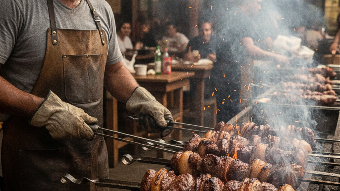 Churrasqueiro grelhando espetos de picanha na brasa