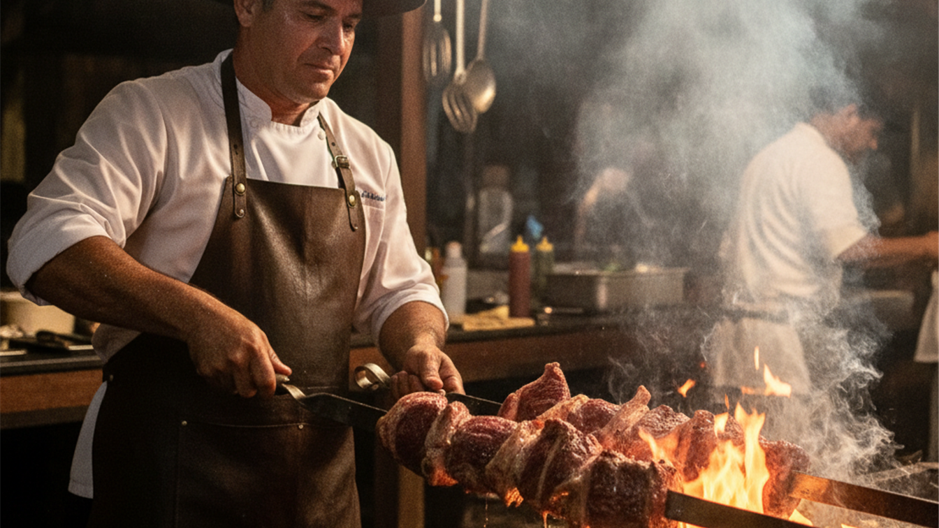Churrasqueiro grelhando espeto de picanha na brasa