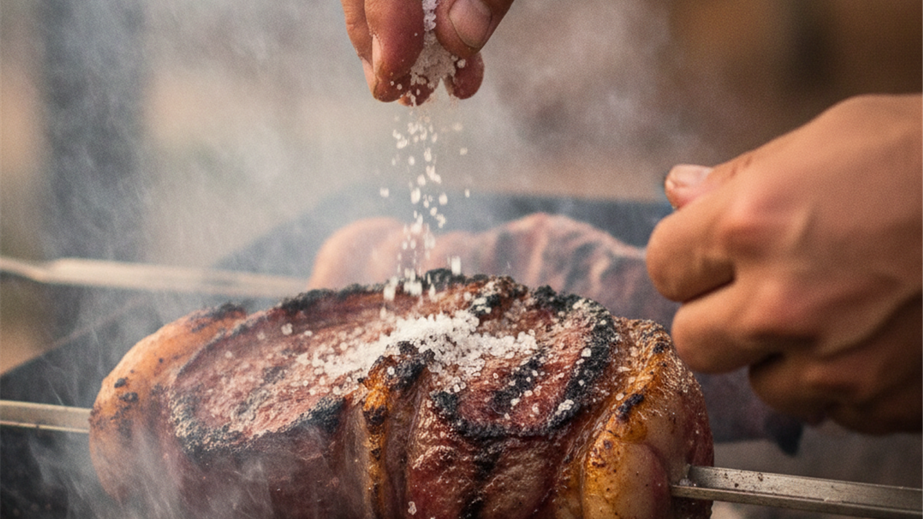 Maos temperando carne grelhada com sal grosso