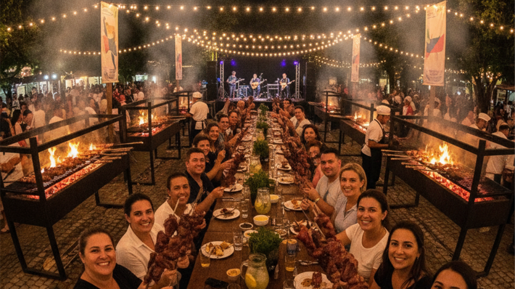 Festival de churrasco brasileiro com mesas e grelhas
