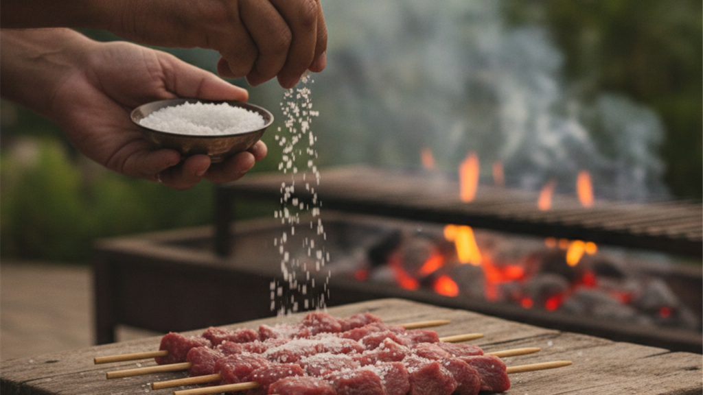 maos temperando espetinhos de carne com sal grosso antes de grelhar