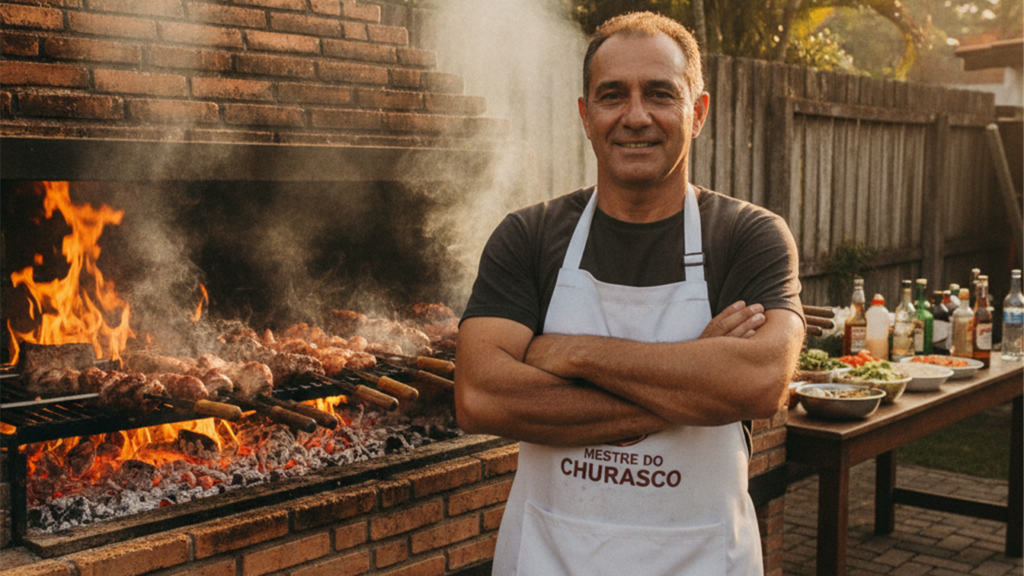 Mestre do churrasco ao lado da churrasqueira a carvao com carnes grelhando