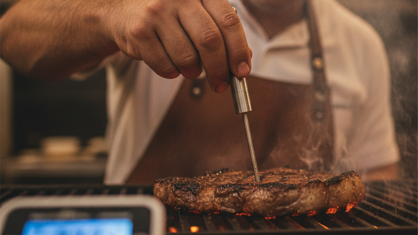 Churrasqueiro usando termometro de carne para verificar ponto do bife na grelha
