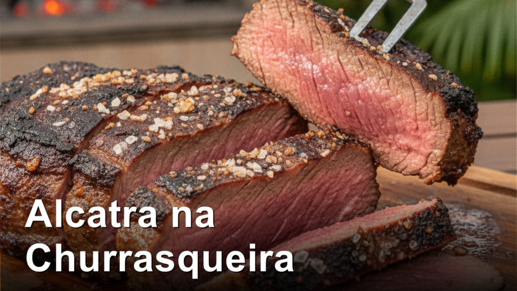 Alcatra grelhada fatiada com crosta de sal grosso na tabua de madeira