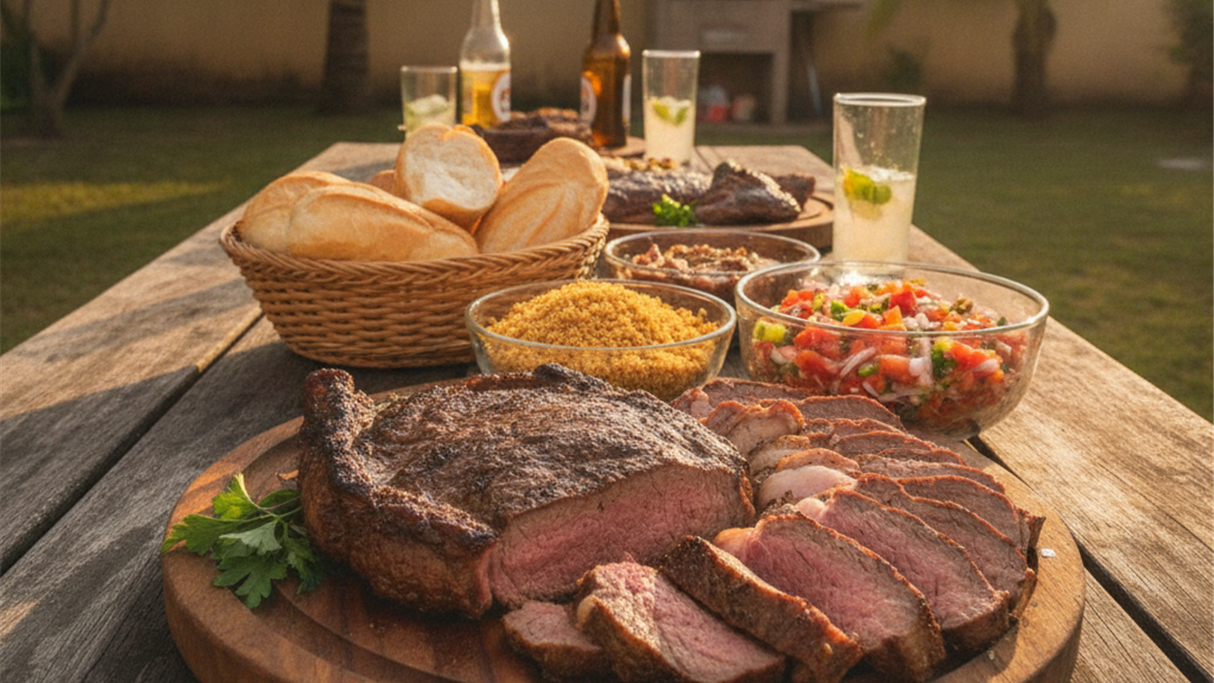 Mesa de churrasco com alcatra fatiada, farofa, vinagrete e paes