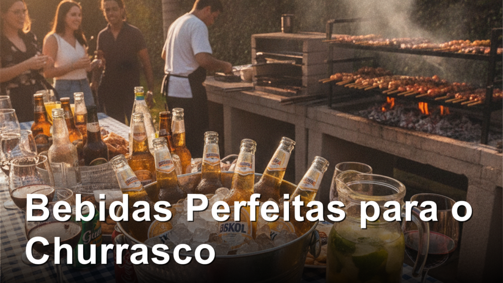 Mesa de churrasco brasileiro com cerveja vinho e caipirinha