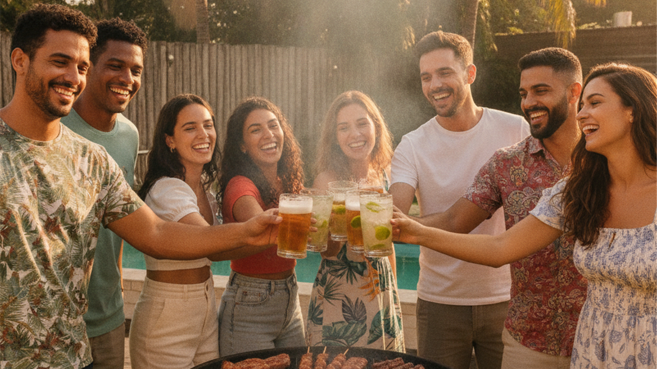 Amigos brindando com cerveja em churrasco no Brasil