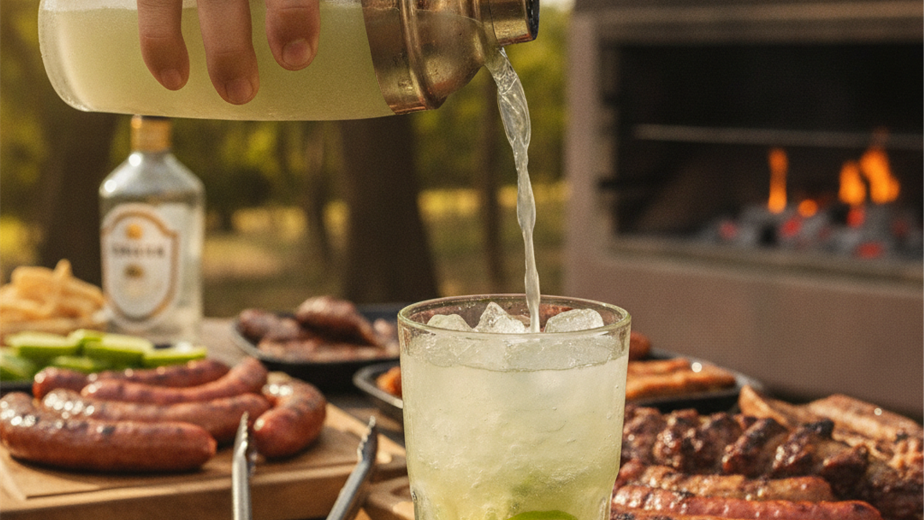 Mao servindo caipirinha em copo com gelo e limao em mesa de churrasco