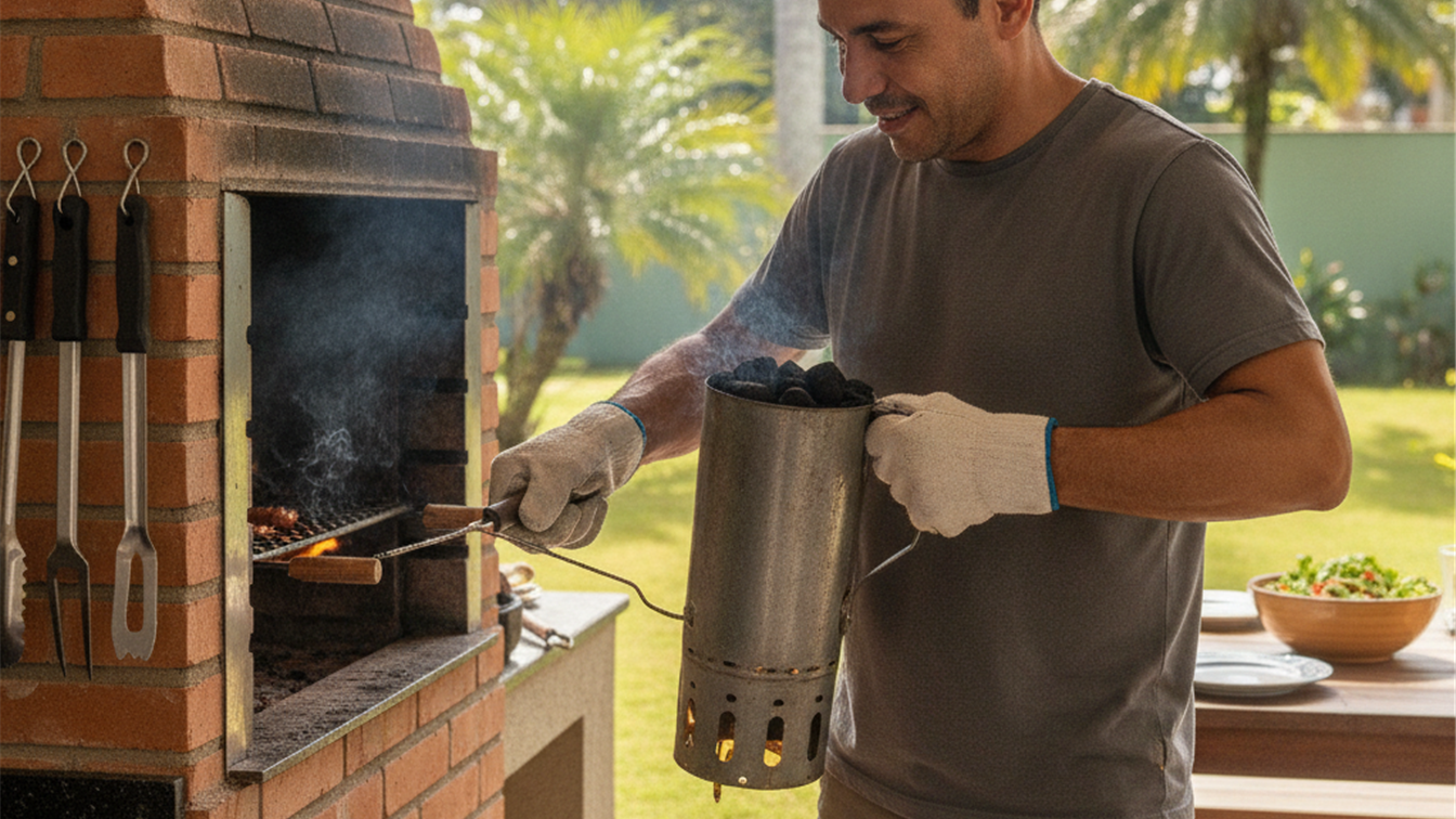 man lighting charcoal chimney starter churrasco