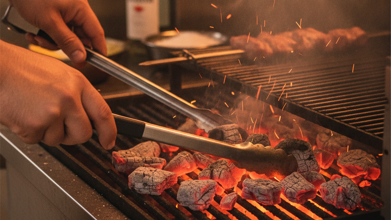 hands arranging hot charcoal with tongs churrasco
