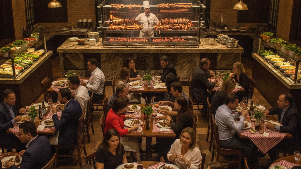 Churrascaria brasileira cheia com grelha de carnes