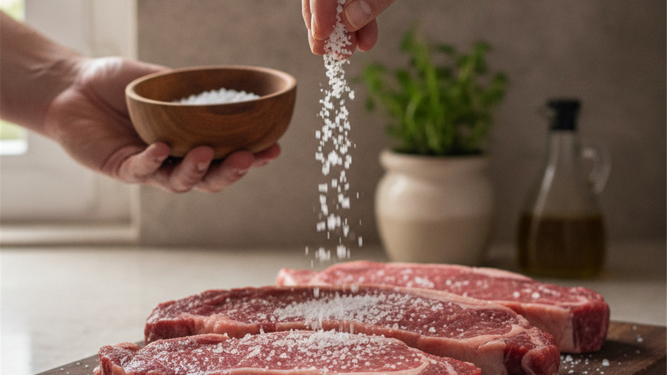 Maos temperando cortes de carne economicos na tabua