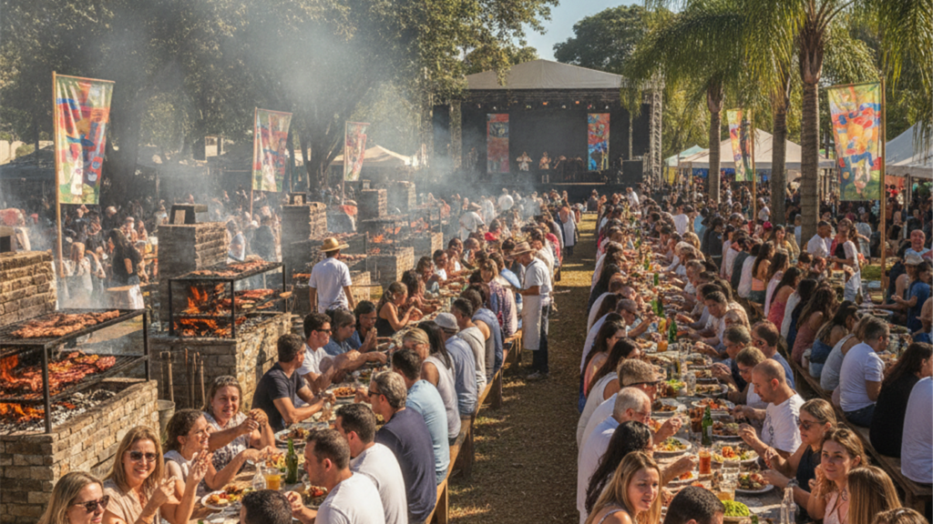 Festival de churrasco ao ar livre no Brasil com mesas e grelhas
