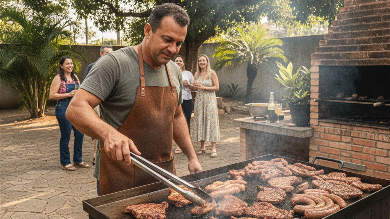 homem grelhando carne na chapa ao ar livre