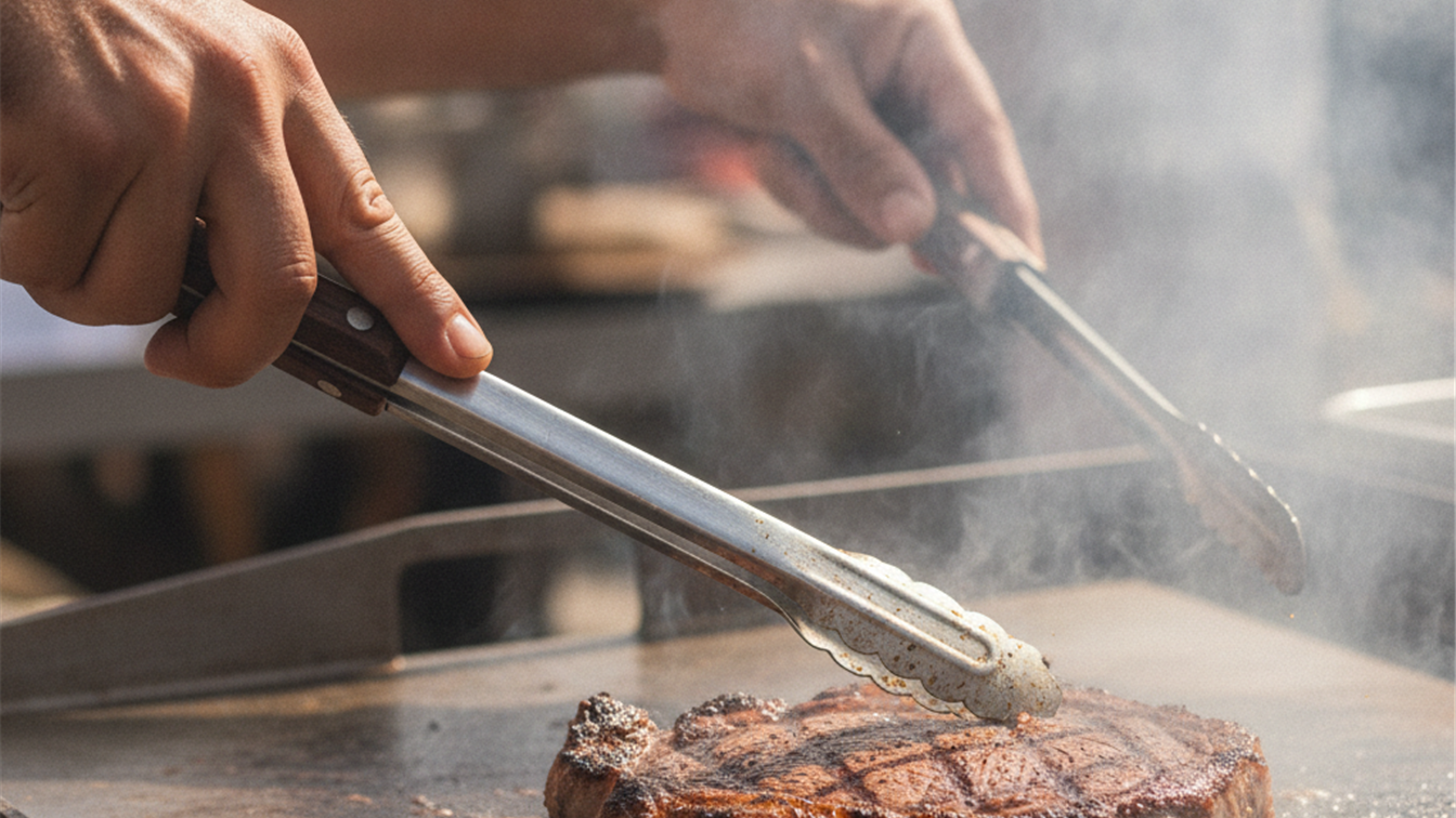 maos usando pinca para virar carne na chapa