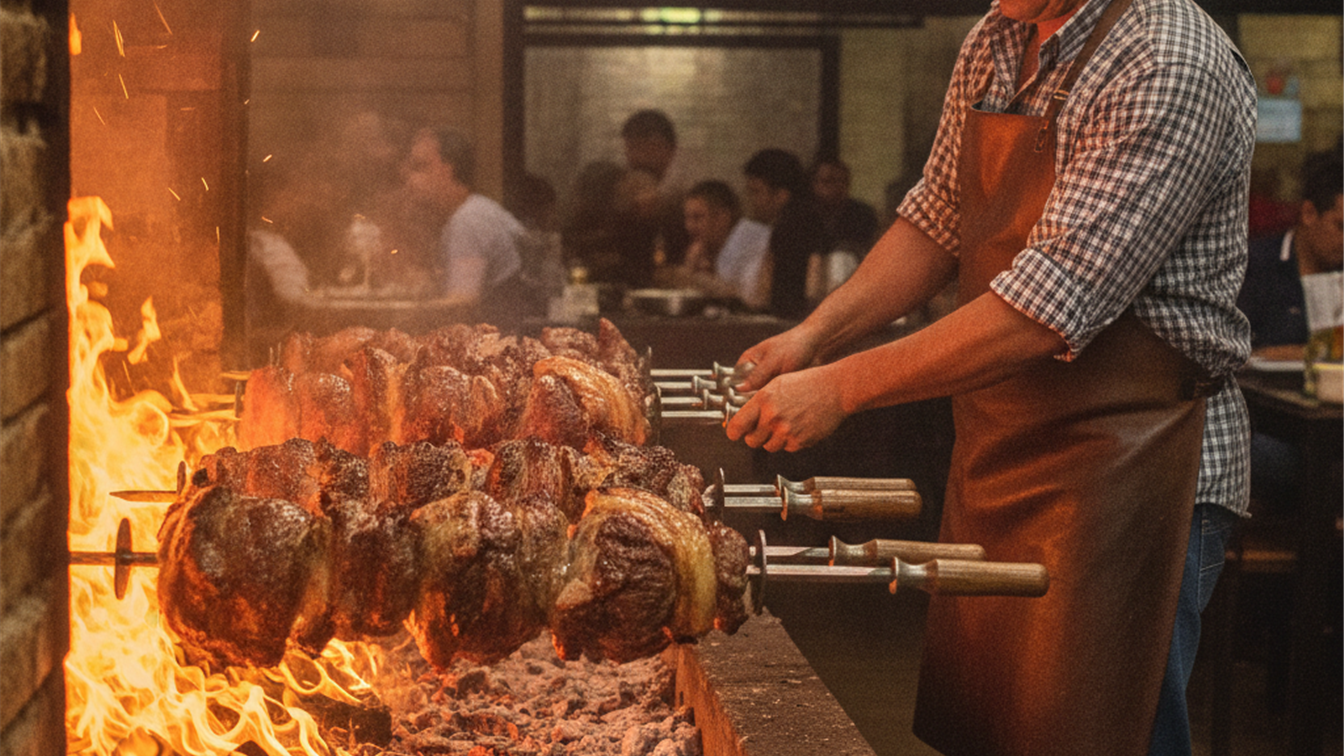 Churrasqueiro girando espeto de picanha na brasa