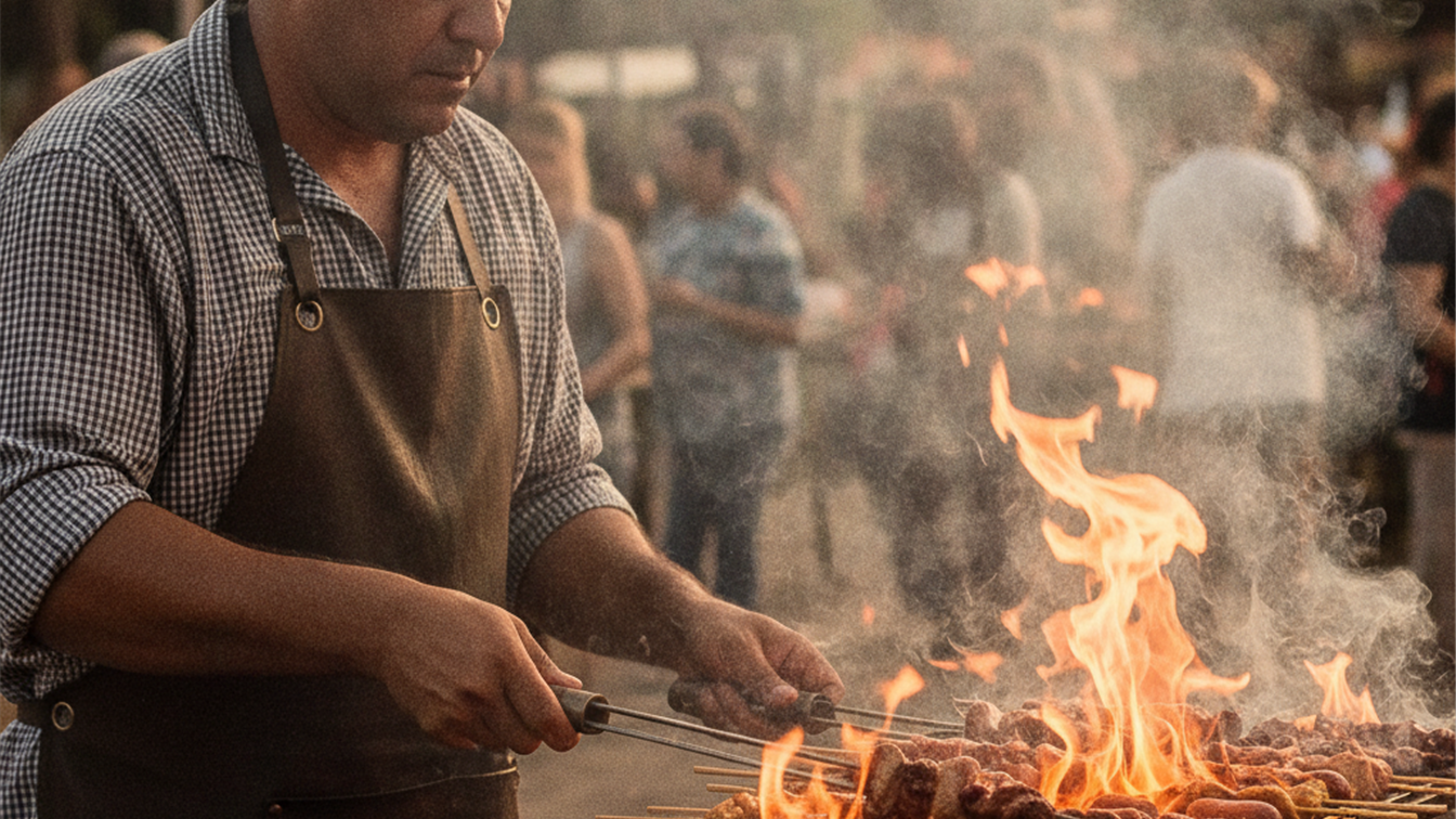 Churrasqueiro grelhando espetinhos de carne na brasa