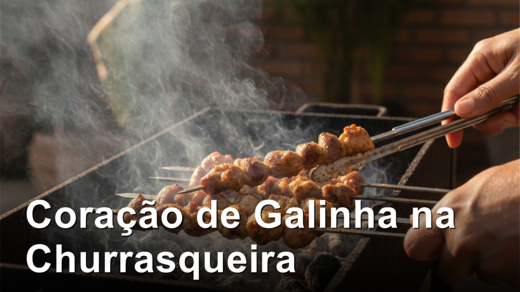 Espetinhos de coracao de galinha grelhados na churrasqueira