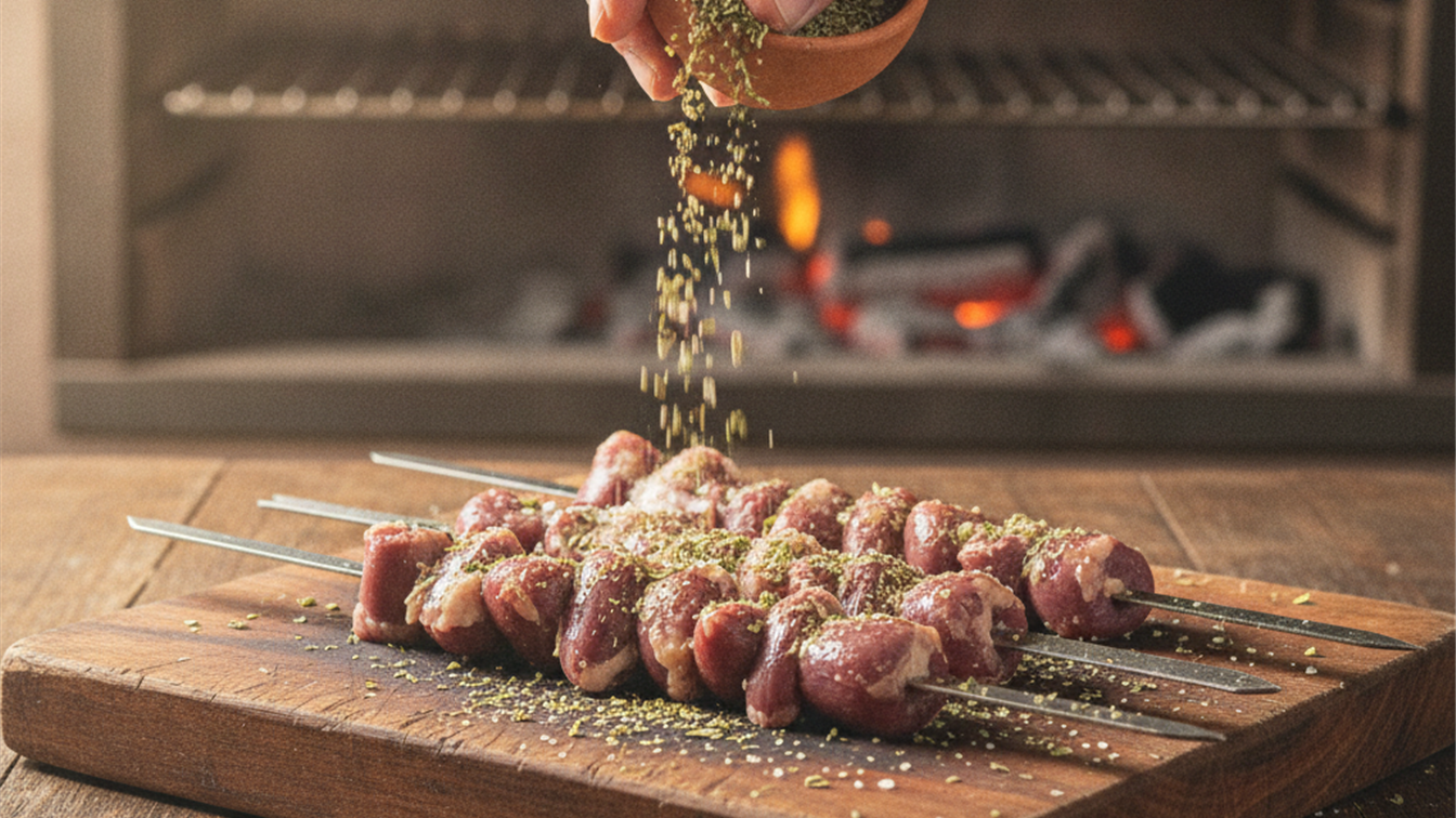 Temperando coracao de galinha para o churrasco