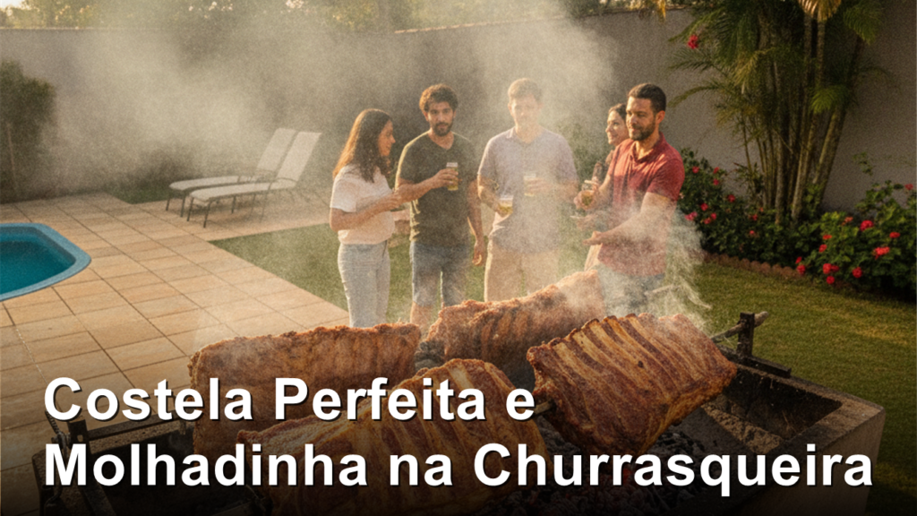 Costela na churrasqueira grelhando na brasa