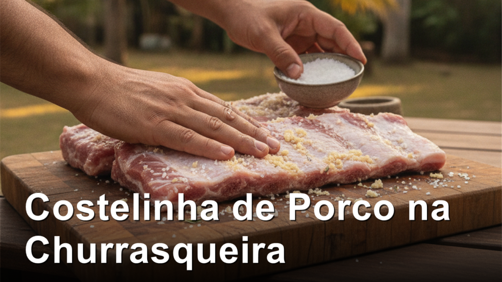 costelinha de porco na churrasqueira temperada com sal grosso