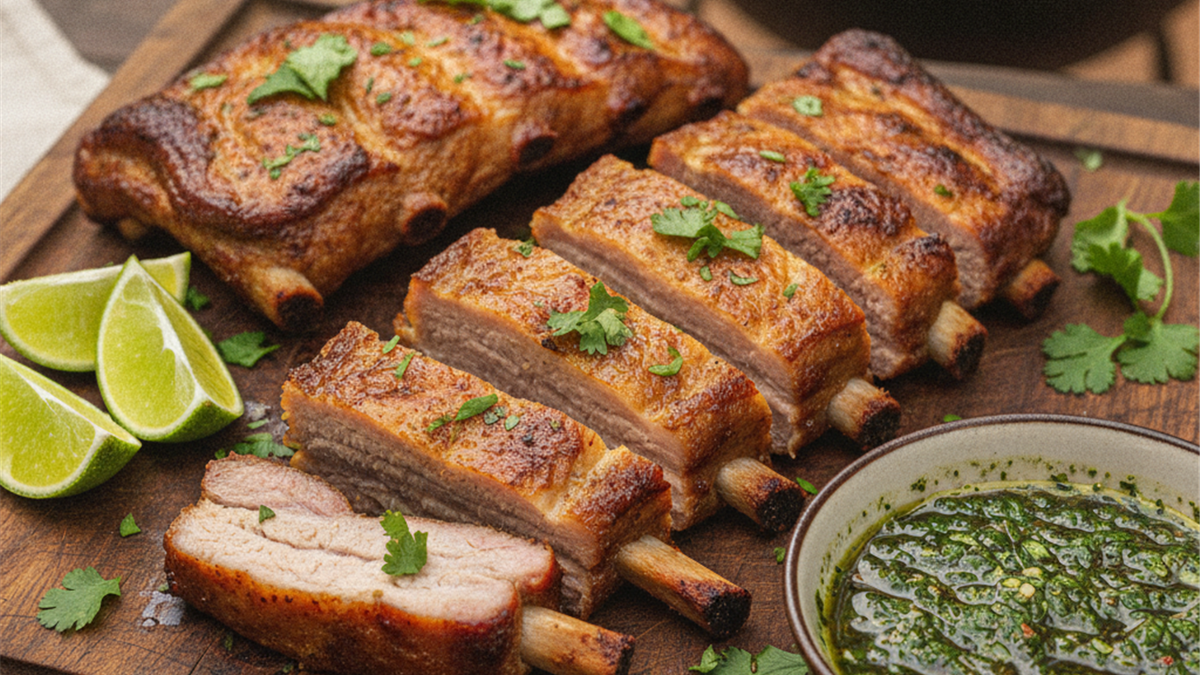 costelinha de porco assada fatiada na tabua com limao e chimichurri
