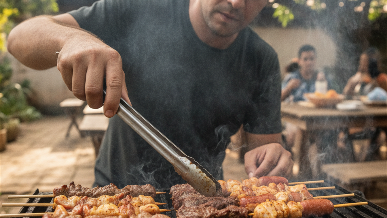 Pessoa virando espetinhos de carne na brasa com pinca
