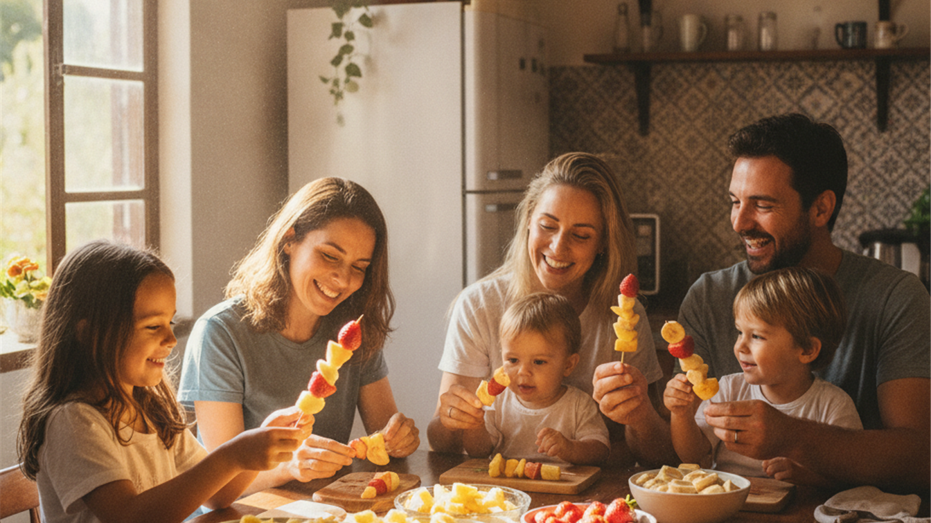 familia preparando espetinho de frutas na cozinha