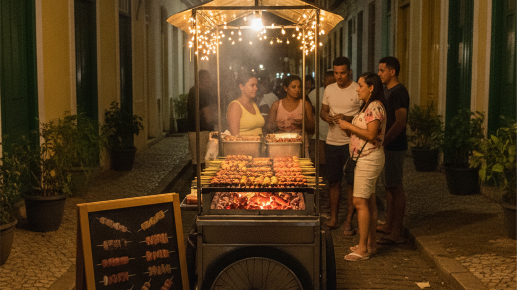 Carrinho de espetinhos na rua a noite com clientes