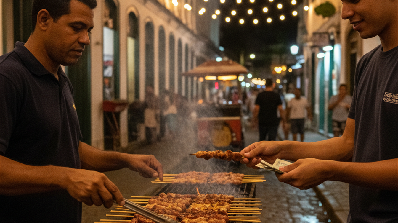Vendedor de espetinhos assando e vendendo na rua