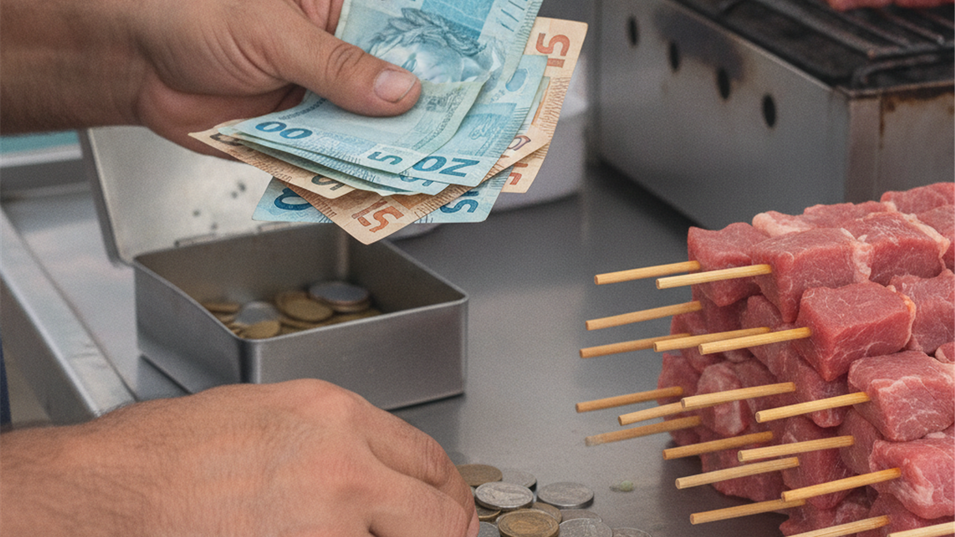 Maos contando dinheiro ao lado de espetinhos crus