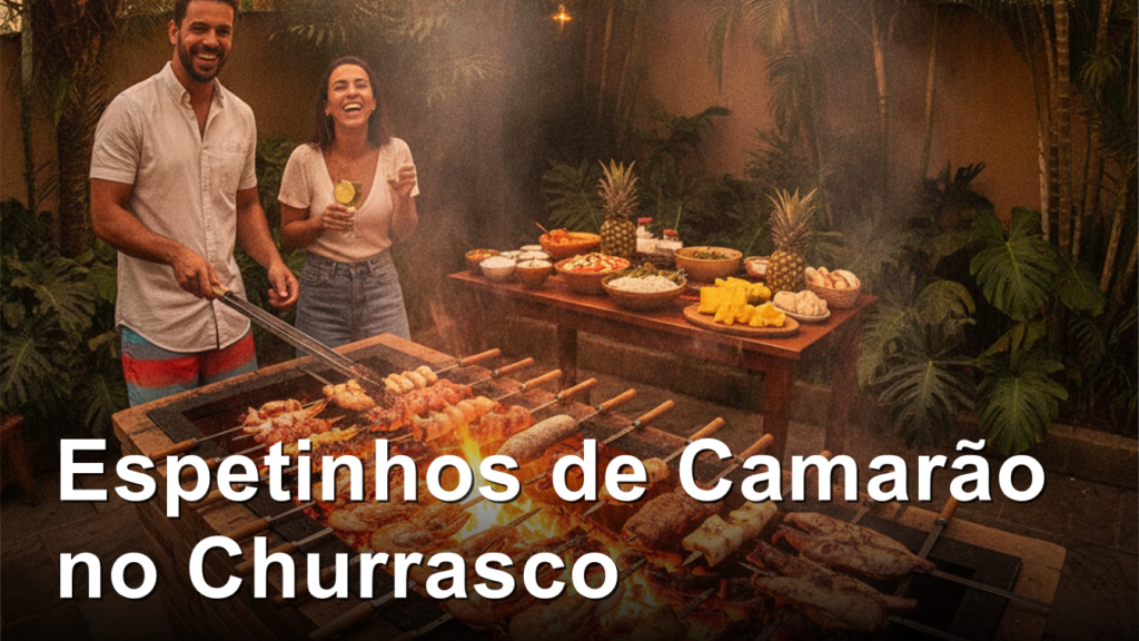 Espetinhos de camarao grelhados na churrasqueira
