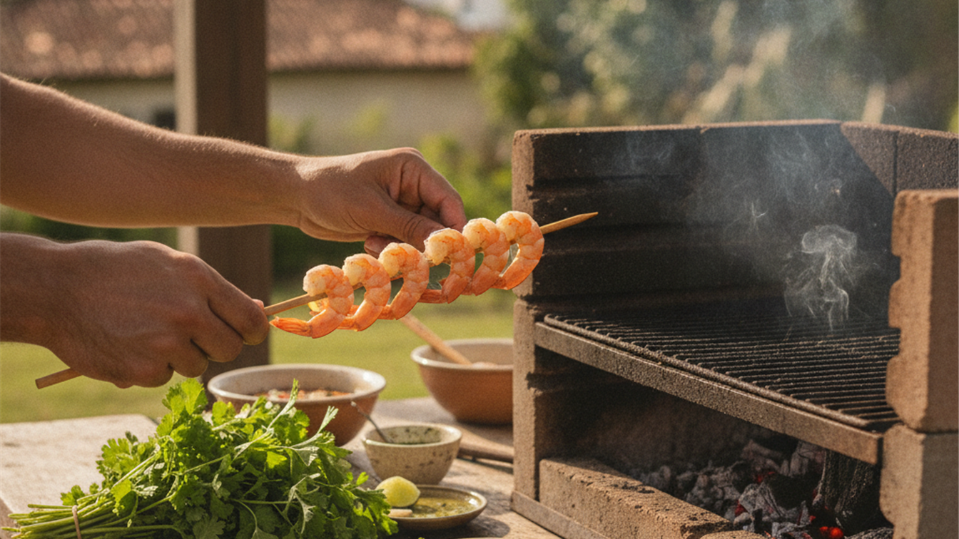 Maos preparando espetinhos de camarao para churrasco