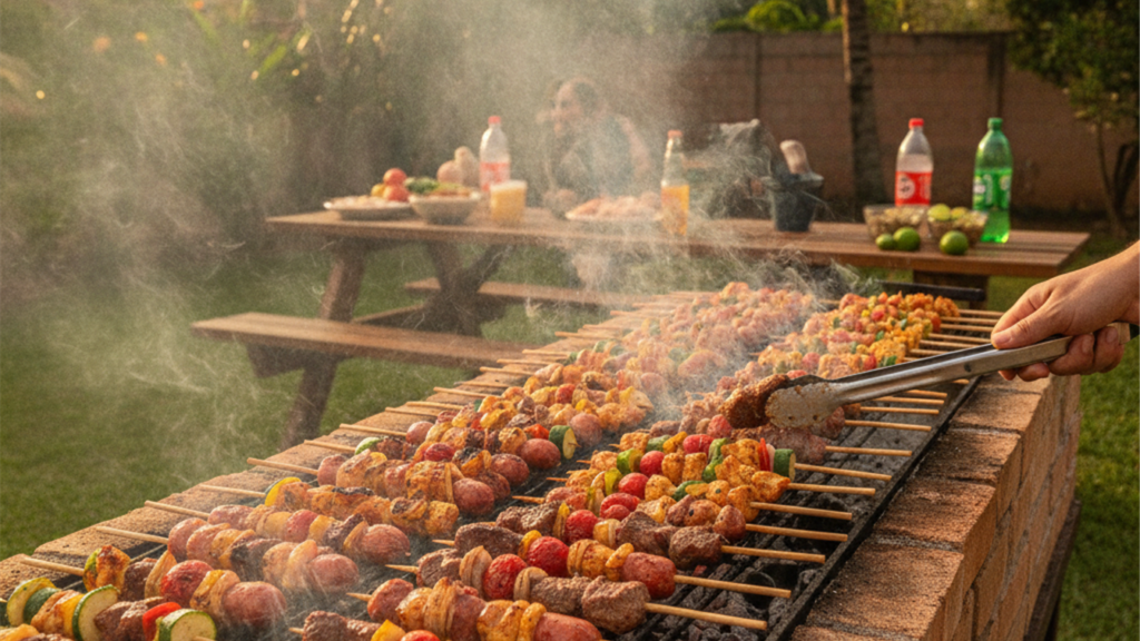 Assorted Brazilian skewers with chicken pork beef and vegetables grilling over charcoal