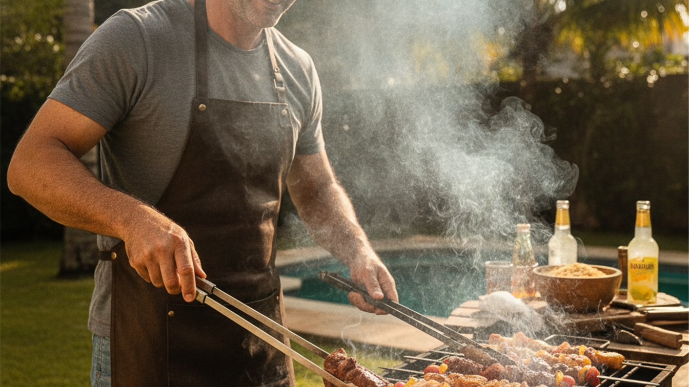 Man turning skewers of chicken pork beef and vegetables on a charcoal grill