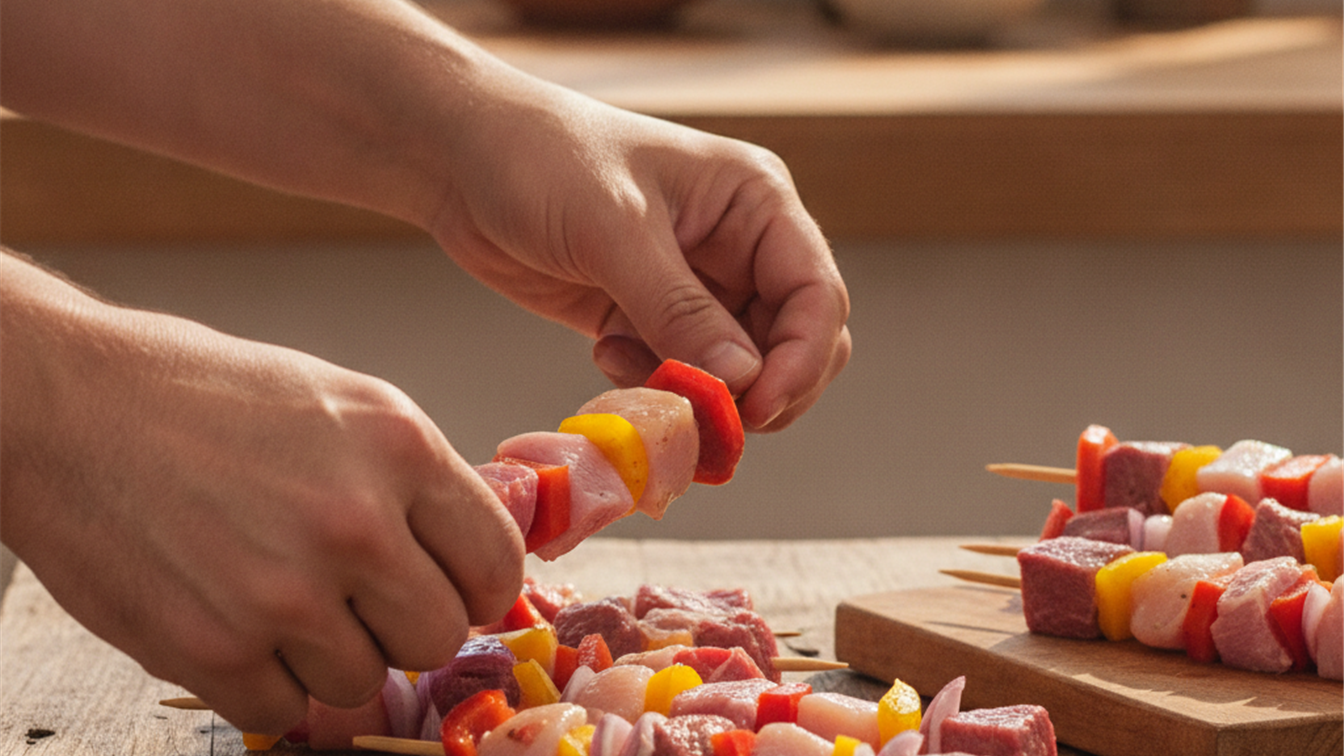Hands assembling skewers with chicken pork beef and vegetables